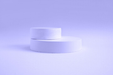 Podium for cosmetic product presentation. Abstract minimal geometrical form. Cylinder podium sphere, geometric forms, soft shadow. Scene to show products. Showcase, display case. Flat lay, side view