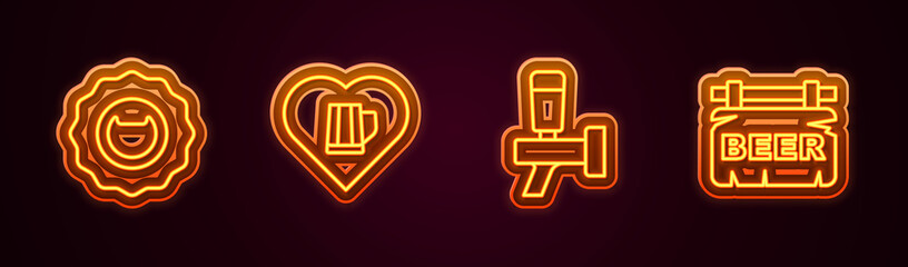 Obraz premium Set line Bottle opener, Heart with glass of beer, Beer tap and Street signboard. Glowing neon icon. Vector