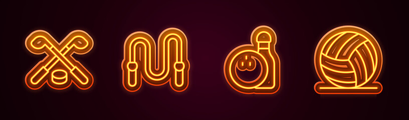 Obraz premium Set line Ice hockey sticks and puck, Jump rope, Bowling pin ball and Volleyball. Glowing neon icon. Vector