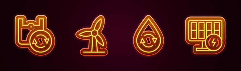 Set line Shopping bag with recycle, Wind turbine, Recycle clean aqua and Solar energy panel. Glowing neon icon. Vector