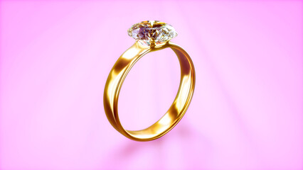 nice gold diamond engagement ring on gentle pink - object 3D illustration