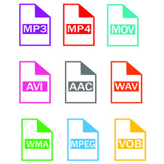 Symbol set file formats. Set of Document File Formats icons. File extensions diverse icons set isolated. Vector illustration.
