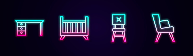 Set line Office desk, Baby crib cradle bed, Chair and Armchair. Glowing neon icon. Vector