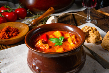 Hungarian goulash soup in a cauldron or pot