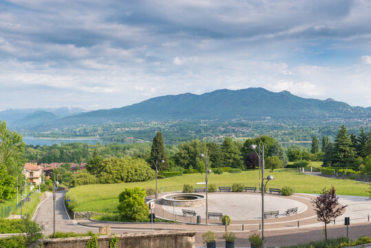 Panorama of the mountain Campo dei Fiori, regional park, and Varese lake, north Italy. View that sweeps from the town of Gavirate (on the left) to the gates of the city of Varese (on the right)