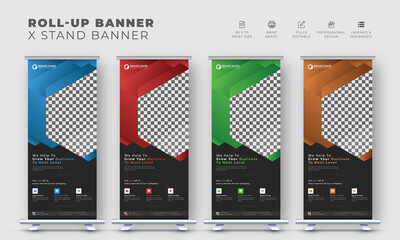 Corporate business roll up or display exhibition standee pull up banner with abstract style design template