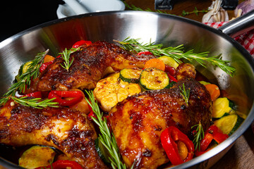 Fried chicken legs with various vegetables and spices