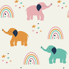 Schattig olifanten naadloos patroon. Hand getekende eenvoudige kinderen achtergrond met een kleine olifant, regenboog en sterren. Cartoon vector print met dieren.