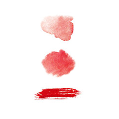 Collection of red watercolor brushstroke and stains isolated on white background. Abstract watercolor stains, ink, brushstroke