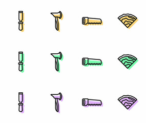 Set line Hand saw, Chisel tool, Wooden axe and beam icon. Vector
