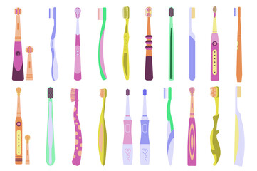 Toothbrushes concept collection in flat cartoon design. Different types and colors of toothbrushes set isolated elements. Cleaning tools for mouth. Dental hygiene and oral care. Vector illustration