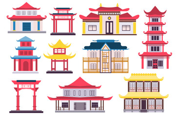 Chinese and Japanese buildings concept collection in flat cartoon design. Towers, houses, gate and temple in traditional architecture with pagoda roofs, set isolated elements. Vector illustration