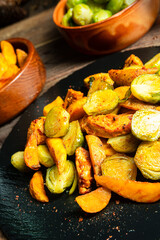 Brussels sprouts fried chicken breast and potatoes