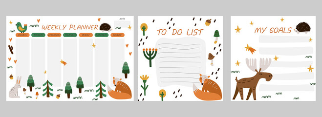 Weekly planner. Forest animals cartoon notebook sheet, to do list and goals template, woodland poster for kids, scandinavian childish stationery design, cute fox, hare and bird vector isolated concept