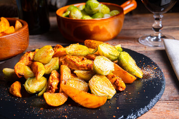 Brussels sprouts fried chicken breast and potatoes