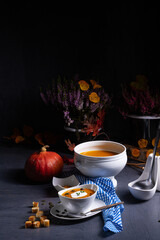 Delicious vegetable pumpkin cream soup with coconut milk