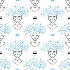 Aquarius zodiac sign girl vector seamless pattern background for astrology, horoscope design.