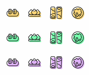 Set line Guotie, Sushi, Dumpling and Rice a bowl icon. Vector