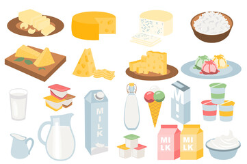 Milk products set in flat cartoon design. Different types of cheeses, cottage cheese in bowl, milk in jug or glass, yoghurts in containers, ice cream, desserts, various packaging. Vector illustration