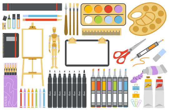 Artist drawing tools set in flat cartoon design. Painter instruments isolated elements. Easel, canvas, pencils, paints, markers, palette, scissors, notepad stationery and others. Vector illustration