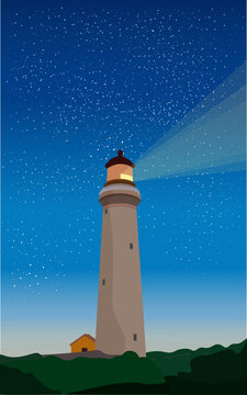Dawn landscape with lighthouse in flat style. The lighthouse shines at night.