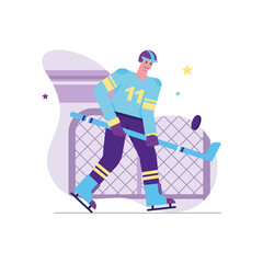 Athlete doing sports activities modern flat concept. Man in uniform with stick plays hockey on rink. Sportsman training before competition. Vector illustration with people scene for web banner design