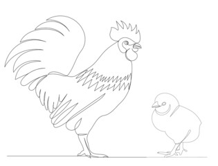 rooster and chick drawing in one continuous line, vector, isolated