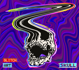 Glitch Art. Vector illustration of psychedelic glitched skull zig zag deformed in the style of corrupted retro graphics on colorful stripes background.