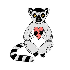 A lemur in love holds a heart. Lemur in hand drawn style isolated on white background. Vector illustration. © Jane