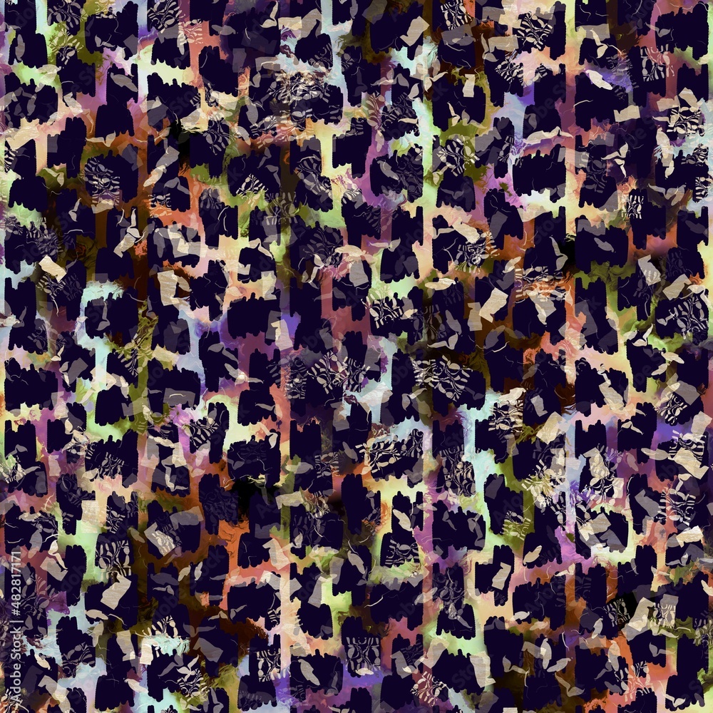 Canvas Prints Exotic multicoloured boho mottled camouflage scatter print. Seamless autumnal dark ground detailed repeat pattern.