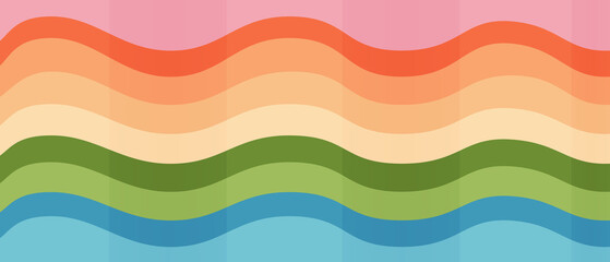 Horizontal poster with a wavy rainbow in the cartoon trend style of the 70s. Vector illustration