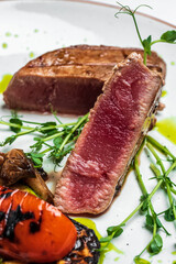 Grilled tuna with spice. tuna steak with vegetables. tuna grill seafood fried barbecue fish grilled. diet vegetarian fish dish, Ketogenic, keto or paleo diet lunch, Healthy food trend. Top view