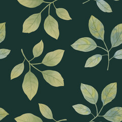 Seamless botanical pattern of green leaves. Watercolor leaves for design, wallpaper, print. Ornament of delicate green leaves.