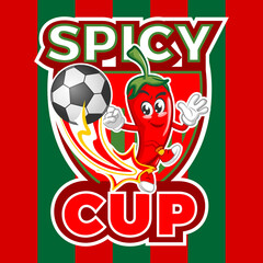 vector mascot character illustration of cute chili icon kicking a ball on a badge background with spicy cup writing for soccer sports logo