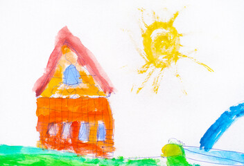Watercolour child hand drawing. Orange house, grass, sun and fountain.