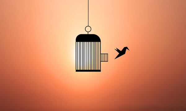 Bird cage freedom Sunset Beach background. Bird Escape and  Fly Away	
