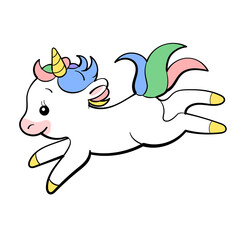 Cute Unicorn vector Sticker design. Pony Cartoon Character. Kawaii Unicorn emoji design.
