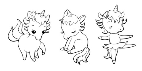 Obraz premium Set of cute unicorns in kawaii style. Cartoon pony sticker design. Vector emoji.