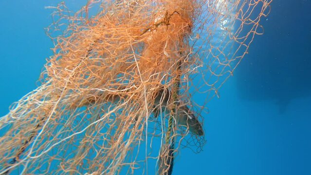 4K.Caught fish in the net hanging from the boat under the sea.Underwater fishing of deep blue ocean.Fish caught in spiral line fishing nets.Tulle stretching into infinity.Trap snare ambush decoy lure 