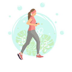 Vector illustration of a girl running, healthy lifestyle, proper nutrition, fitness, sports. Poster, flyer, banner.