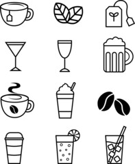 Vector icons of different drinks: coffee, cocktails, tea, juice