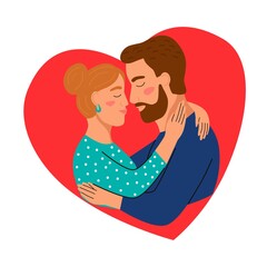 A couple kissing. Heart in the background. Flat vector illustration. Valentine's Day greeting card.