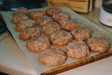 Raw fishballs cutlets. Homemade food. Diet and gluten free food. 
