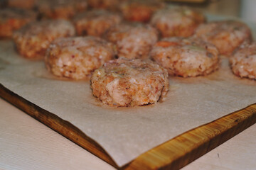 Raw fishballs cutlets. Homemade food. Diet and gluten free food. 