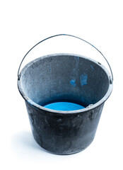 5 gallon black plastic bucket with blue acrylic primer water-repellent coating isolated