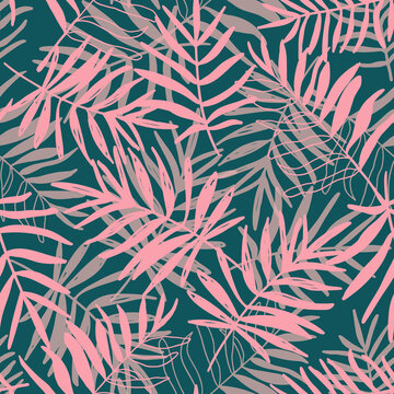 Tropical palm leaf seamless repeat pattern. Random placed, vector jungle botany plant all over surface print on green background.