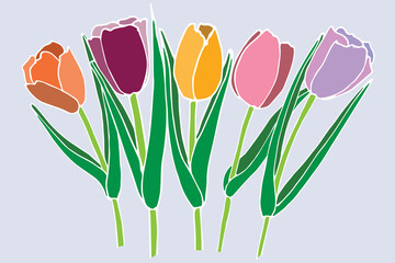 Tulip flower bouquet sketch drawing vector. Set of 5 flower