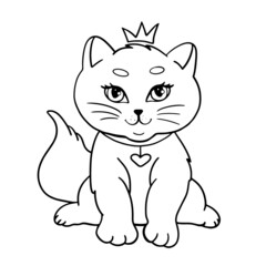 Fototapeta na wymiar Cute kitty. Princess with a crown. Illustration for children's coloring, clothes, utensils, postcards, notebooks, notebooks, backpacks. Black and white illustration isolated on white background.
