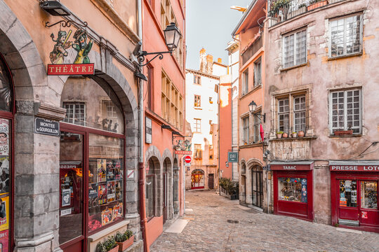 Street view and buildings in the old town of Lyon (Vieux Lyon), France
