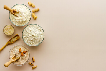 Gluten free flour in bowls. Almond peanut oat and rice buckwheat flour in bowls